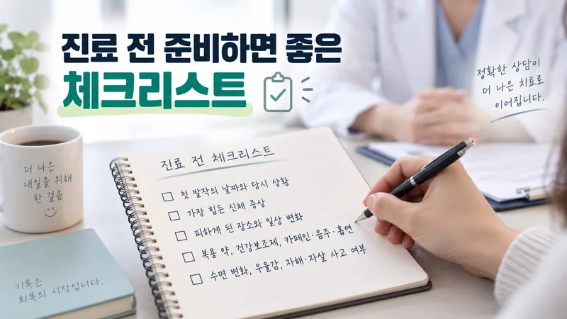 공황장애 진료 전 발작 시기와 증상, 회피 장소, 복용 약과 생활 습관 등을 체크리스트에 기록하는 모습