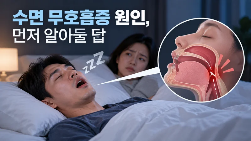 잠든 남성의 코골이 장면과 목 안쪽 기도가 좁아져 호흡이 막히는 수면 무호흡증 원인을 보여주는 이미지