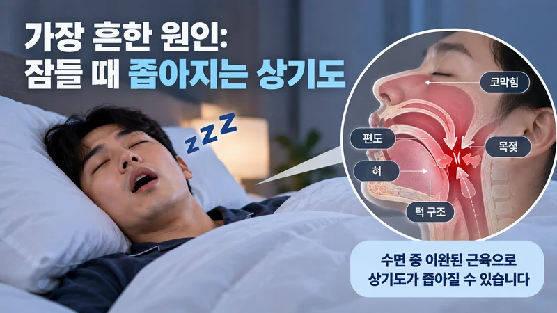 잠든 남성의 코골이 모습과 턱·혀·편도·목젖 등 상기도 구조가 좁아져 호흡을 방해하는 원인을 보여주는 이미지
