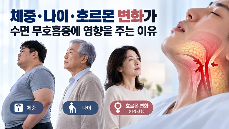 체중 증가·노화·폐경 전후 호르몬 변화가 목 주변 기도를 좁혀 수면 무호흡증에 영향을 줄 수 있음을 보여주는 이미지