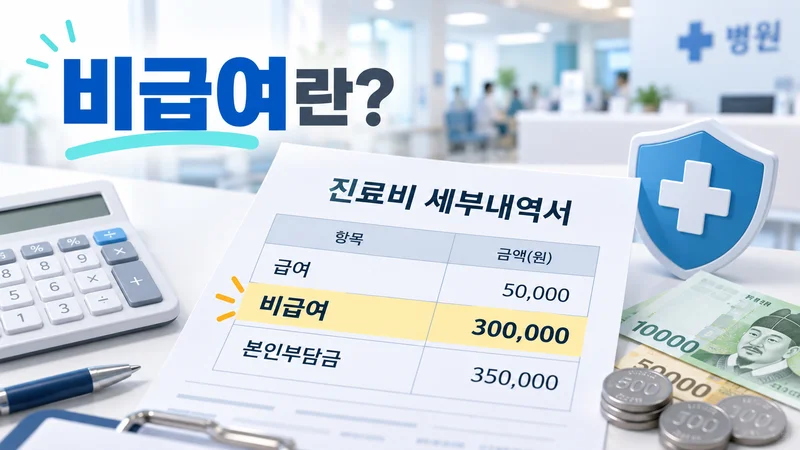 병원 진료비 세부내역서에서 급여와 비급여 항목을 구분하고 비급여 비용과 본인부담 개념을 보여주는 이미지