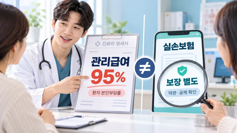 관리급여 95%가 건강보험상 환자 본인부담률이며 실손보험 보장률과는 별개임을 설명하는 이미지