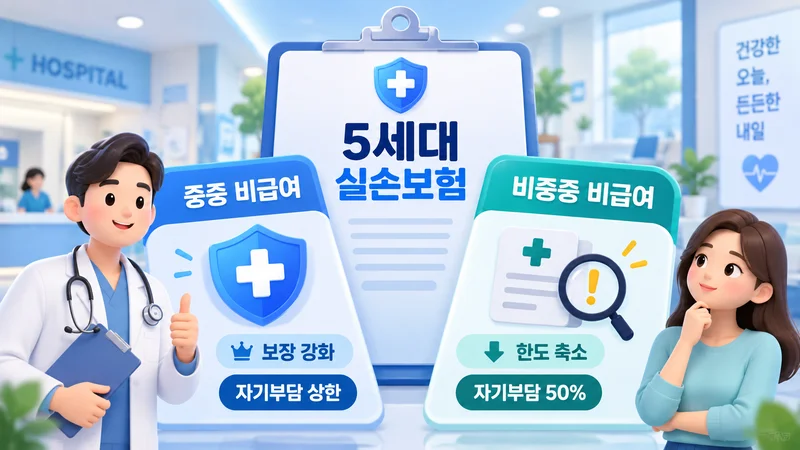 5세대 실손보험의 중증 비급여 보장 강화와 비중증 비급여의 보장 한도 축소·자기부담 증가를 대비해 표현한 이미지
