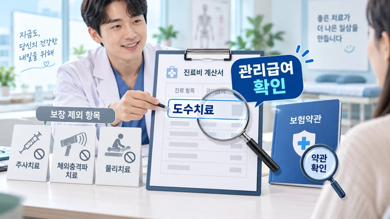 5세대 실손보험에서 일부 비급여 보장 제외 항목과 도수치료의 관리급여 적용 여부 및 약관 확인을 강조한 이미지