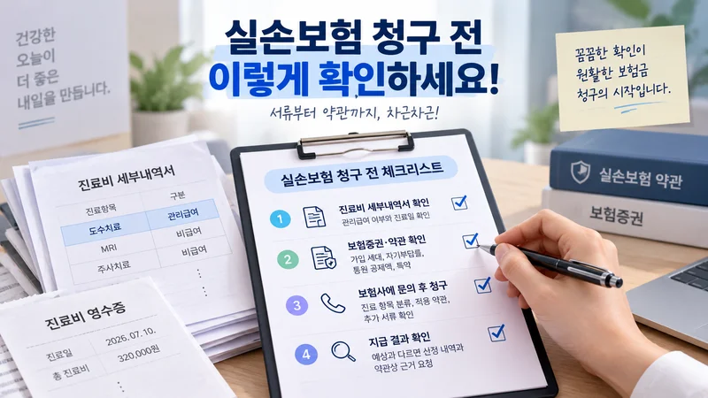 실손보험 청구 전에 진료비 세부내역서와 보험증권·약관을 확인하고 보험사 문의와 지급 결과 점검까지 진행하는 순서를 보여주는 이미지