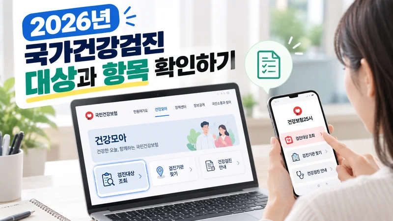 국민건강보험 홈페이지와 건강보험25시 앱에서 2026년 국가건강검진 대상과 검진 항목을 조회하는 모습
