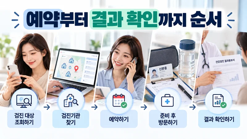 국가건강검진 대상 조회부터 검진기관 검색, 예약, 준비 후 방문, 결과 확인까지의 진행 순서를 보여주는 이미지