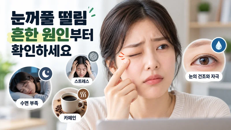 수면 부족과 스트레스, 카페인, 눈의 건조와 자극 등 눈꺼풀 떨림의 흔한 원인을 보여주는 이미지