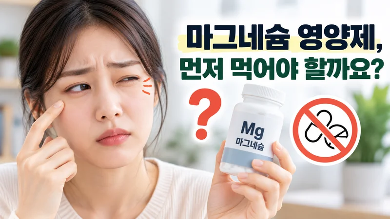 눈꺼풀 떨림이 있을 때 마그네슘 영양제를 먼저 복용해야 하는지 고민하는 모습을 표현한 이미지