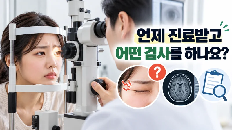 눈꺼풀 떨림이 지속될 때 안과 진료를 받고 증상에 따라 필요한 검사를 결정하는 모습을 보여주는 이미지