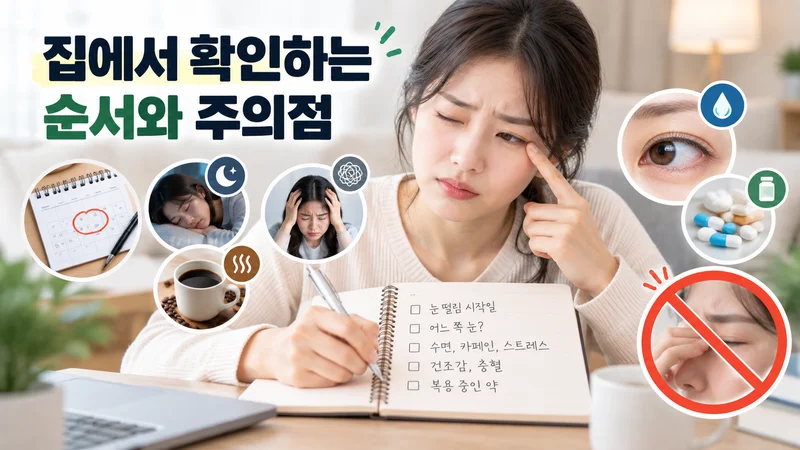 눈꺼풀 떨림의 시작 시점과 수면, 카페인, 스트레스, 눈 상태, 복용약을 집에서 기록하고 확인하는 모습