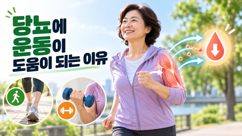 공원에서 운동하는 중년 여성과 근육·혈당 아이콘으로 당뇨 혈당 관리에 운동이 도움 되는 이유를 표현한 이미지