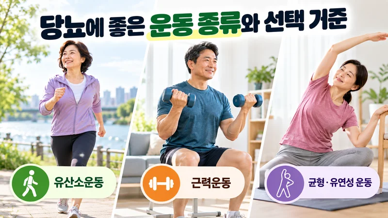 걷기와 근력운동, 균형·유연성 운동을 각각 보여주며 당뇨에 좋은 운동 종류와 선택 기준을 표현한 이미지