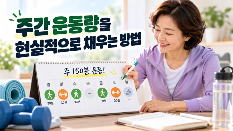 주 150분 운동 목표를 달력에 나누어 계획하며 걷기와 근력운동 일정을 구성하는 모습을 담은 이미지