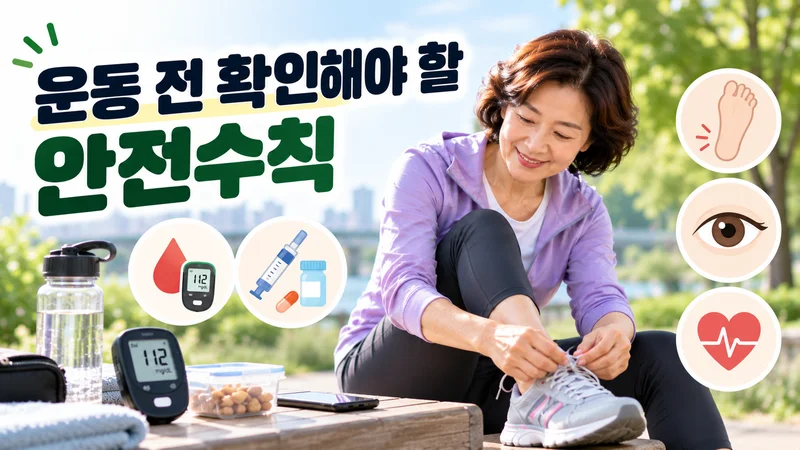 운동 전 혈당과 약 복용, 발·눈·심장 상태를 확인하고 운동화를 준비하는 중년 여성의 안전수칙 이미지