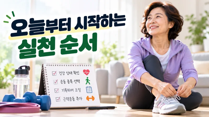 운동화를 신으며 건강 상태 확인부터 운동 선택·기록·근력운동 추가까지 실천 순서를 준비하는 중년 여성 이미지