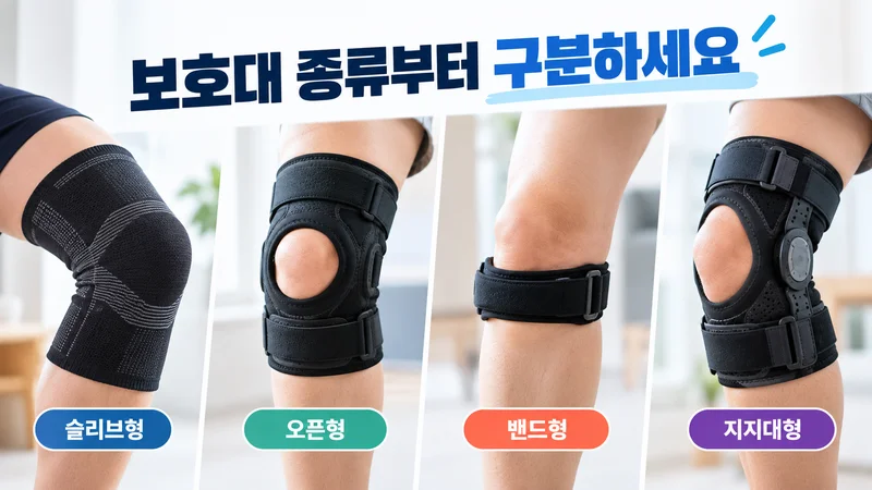 슬리브형·오픈형·밴드형·지지대형 등 네 가지 무릎 보호대의 형태와 착용 위치를 비교해 보여주는 이미지