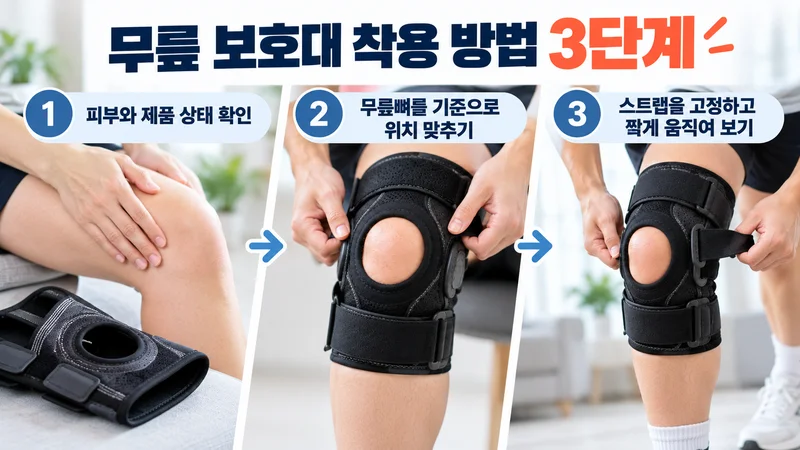 무릎 피부와 제품 상태를 확인한 뒤 무릎뼈에 보호대 위치를 맞추고 스트랩을 고정하는 3단계 착용 방법을 보여주는 이미지