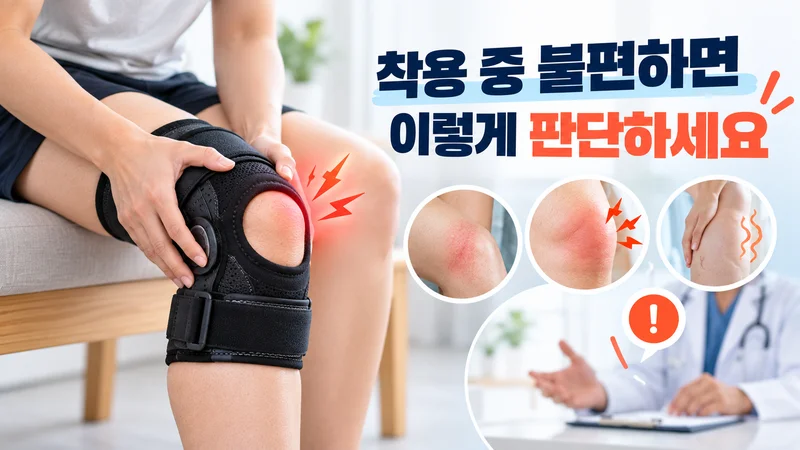 무릎 보호대 착용 중 통증이나 피부 자극·붓기·저림이 나타날 때 사용을 중단하고 상태를 확인하거나 진료받아야 함을 보여주는 이미지