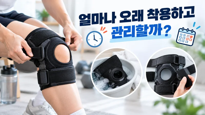 무릎 보호대의 적절한 착용 시간과 세척·건조 및 스트랩 상태 점검 등 관리 방법을 보여주는 이미지