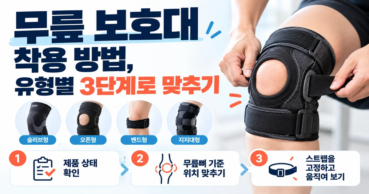 한국인 중년 성인이 무릎 보호대의 슬개골 위치를 맞추는 모습