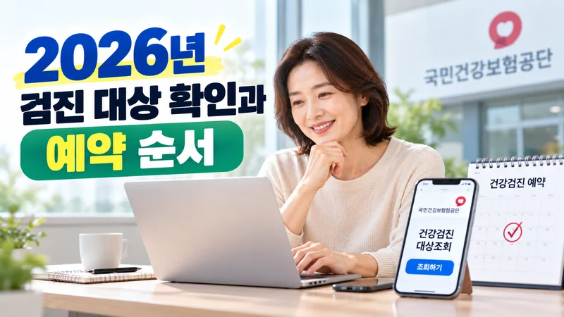 컴퓨터로 건강검진 대상 항목과 검진 안내를 확인하는 사람