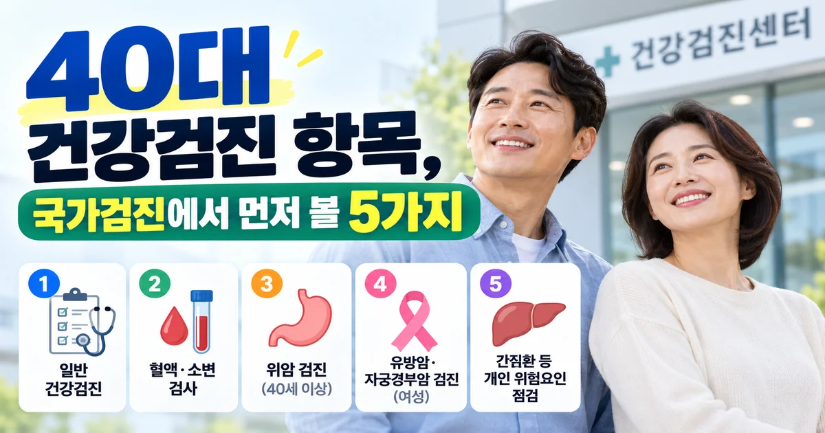 40대 건강검진 항목이 표시된 검진 안내문과 안경