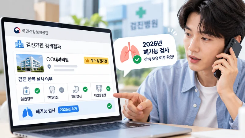 검진 대상자가 병원에 폐기능 검사 가능 여부와 장비 보유 여부를 문의하는 모습