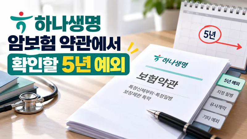 책상 위 보험 약관과 증권을 펼쳐 보장 제한 항목과 5년 조건을 확인하는 모습