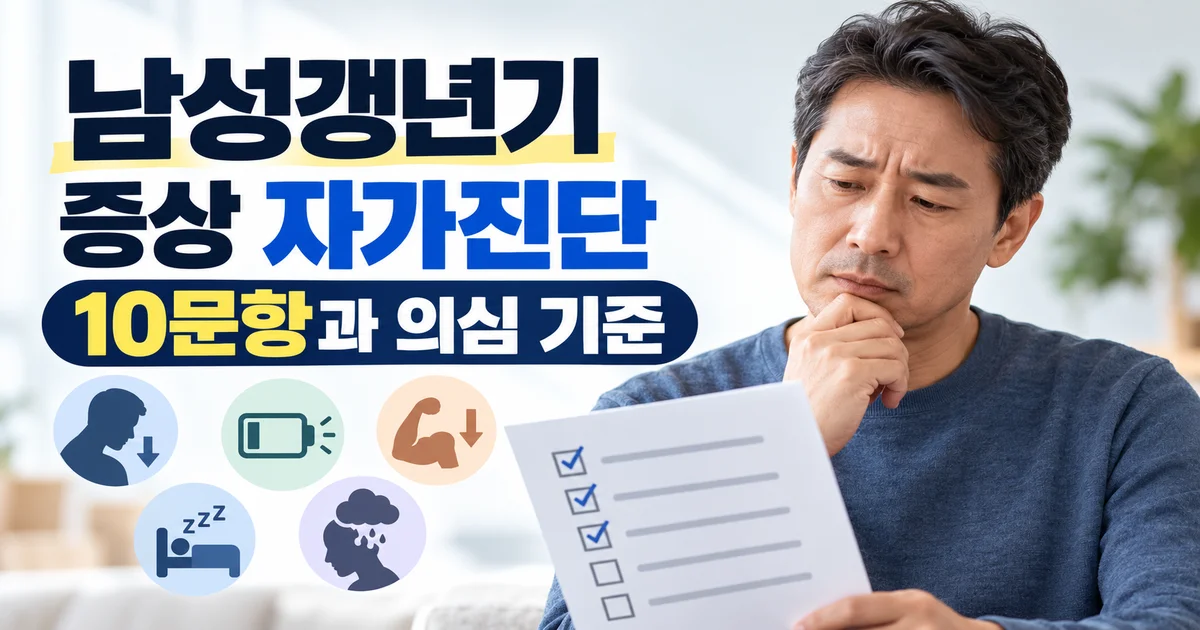 남성갱년기 자가진단 문항을 적어 둔 진료 메모와 안경
