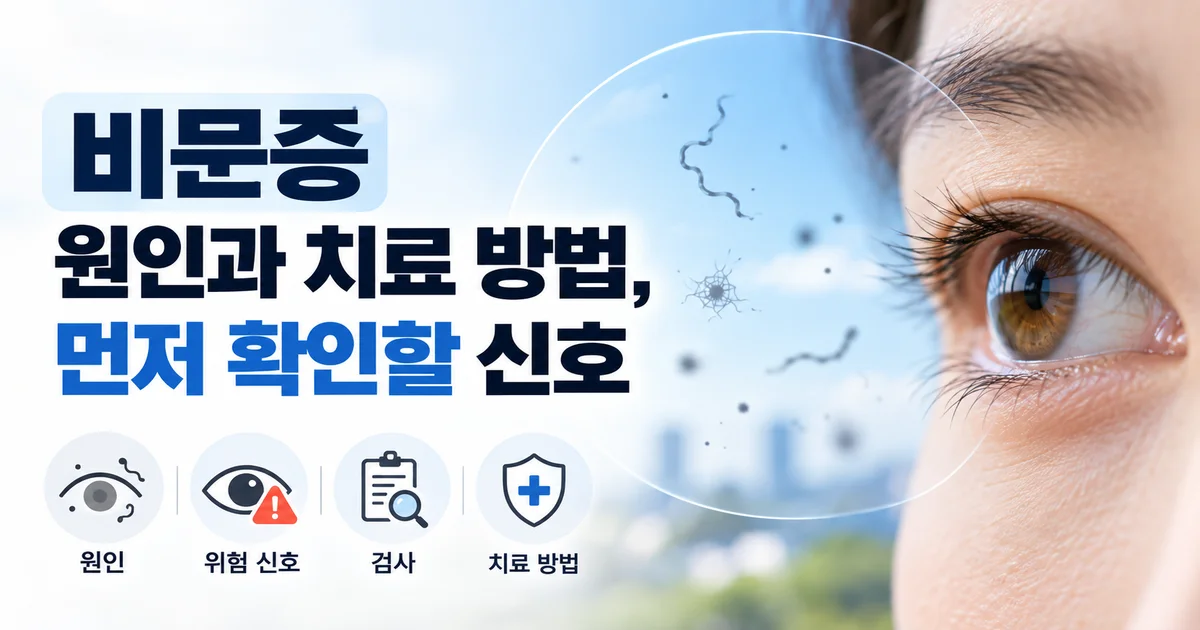 한국인 중년 성인이 밝은 창가에서 시야의 부유물을 살피는 모습